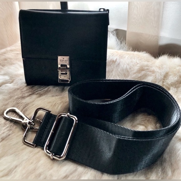 Gucci Vintage Black Leather Wallet with Unbranded Crossbody Strap - Picture 1 of 14